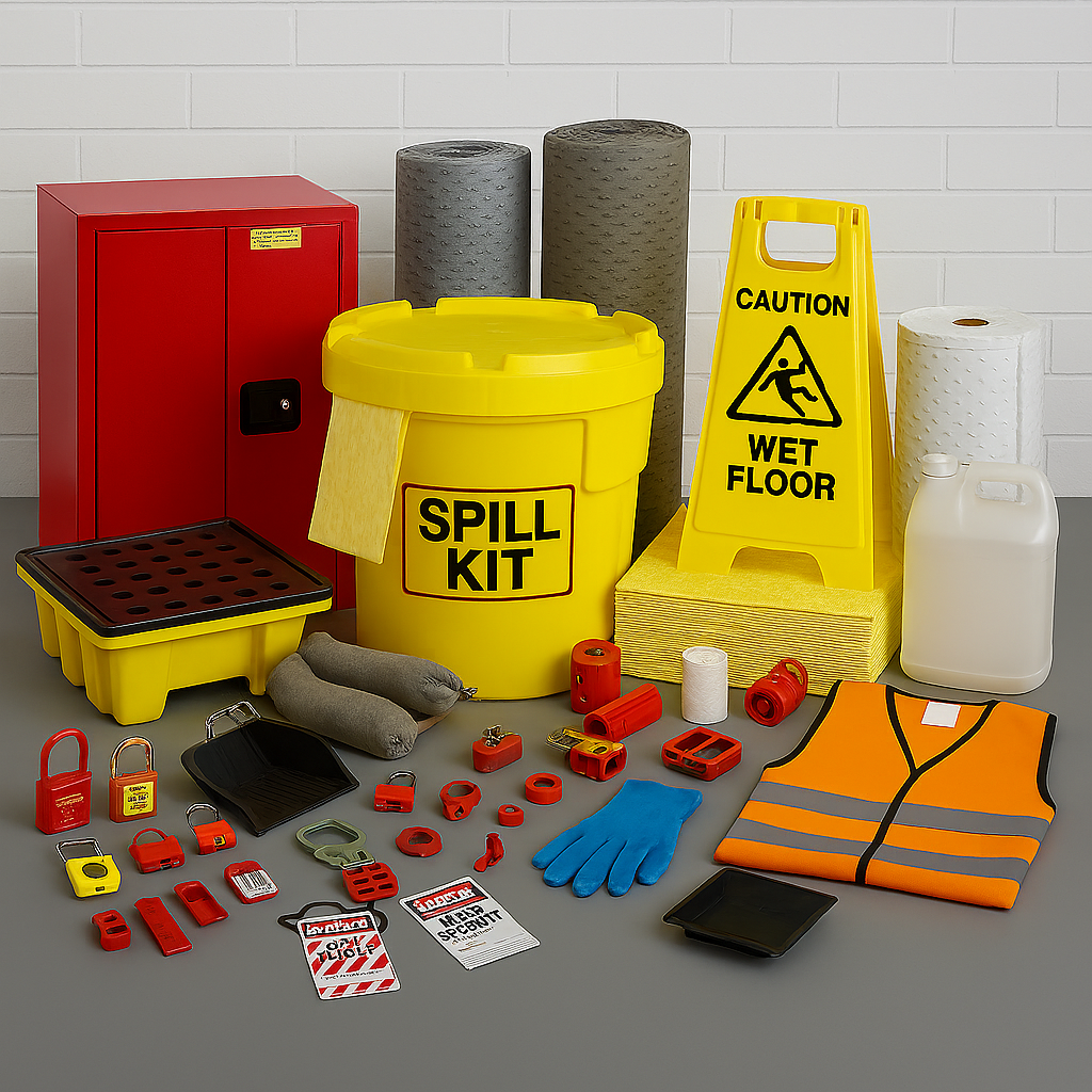 Spill control and safety products including spill kit, absorbents, safety cabinet, lockout devices, gloves, and caution sign arranged on gray surface against white brick wall.
